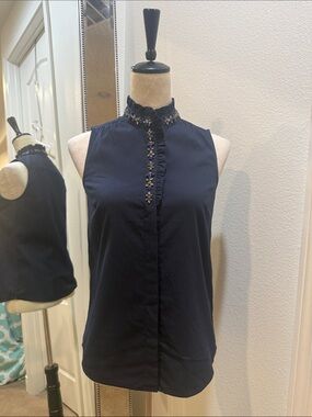 J. Crew Navy Sleeveless Ruffle Mock-Neck Camisole with Beaded Trim
